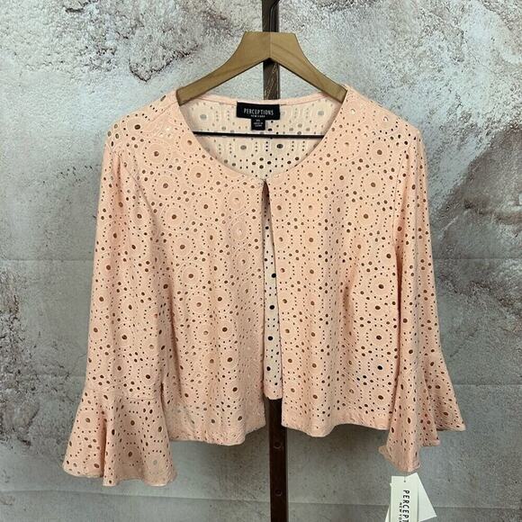 NWT PERCEPTIONS blush pink bell sleeve top size XL eyelet topper feminine shirt - Picture 1 of 4